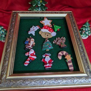 Collection Of Ten Vintage Holiday Pins Resin And Wood